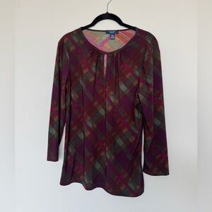 Chaps Women's Plaid Top Stretch Christmas Holiday Keyhole Lightweight Size Large